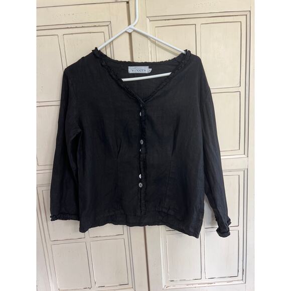 Willow size small black linen button down top blouse - Picture 1 of 4